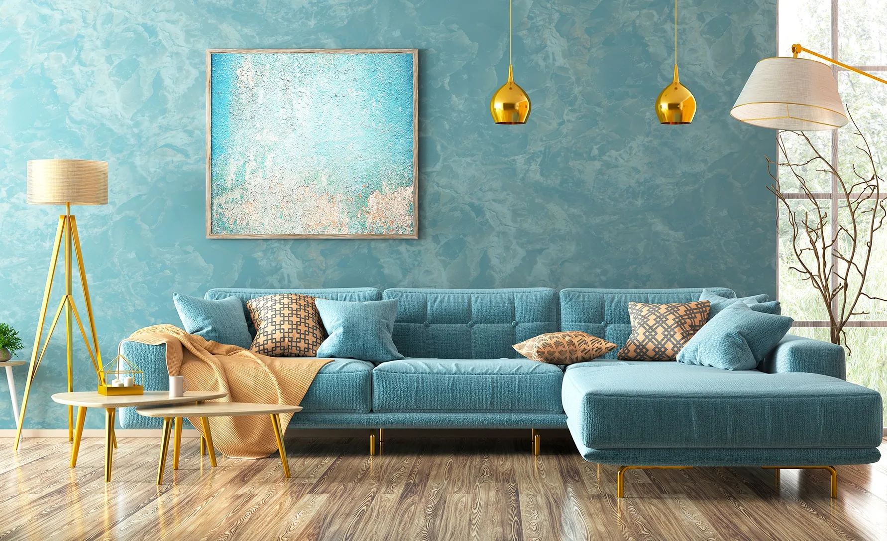 Modern interior of living room with blue corner sofa, coffee tables, floor lamp