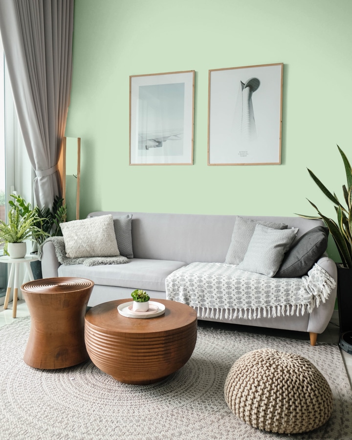A living room with a green blanket