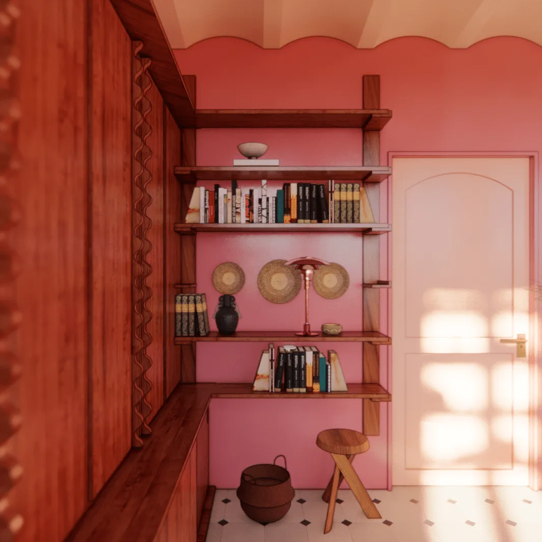A room with a book shelf