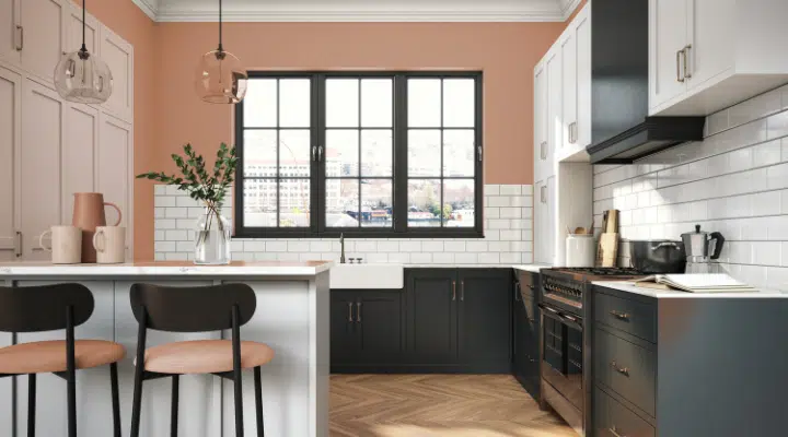 A kitchen with a large window