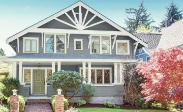 A house with bushes in front of a building